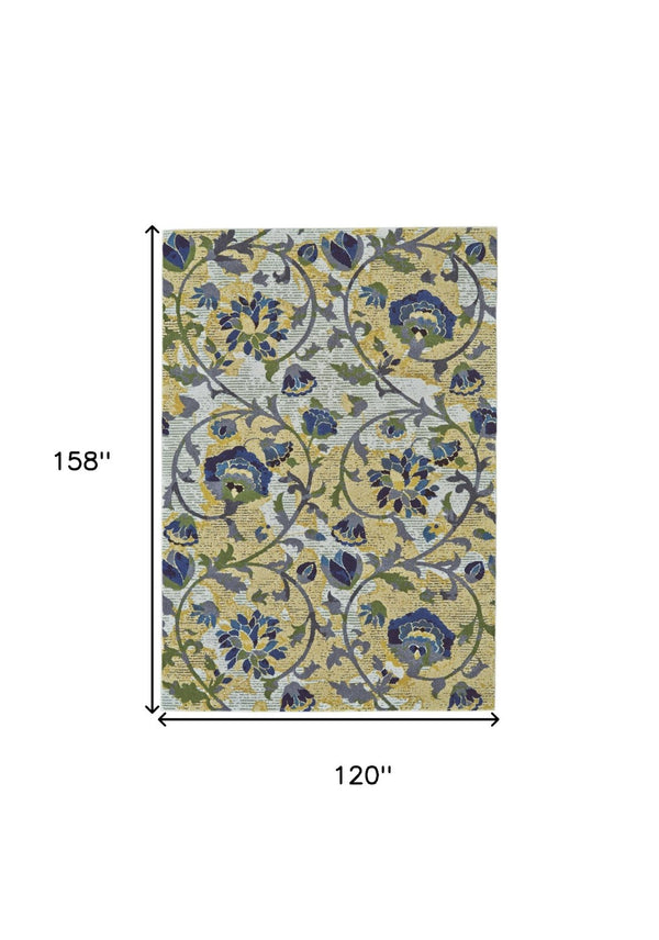 HomeRoots 10' Floral Power Loom Area Rug in Gold and Green – Elegant, Stain-Resistant Design for Any Room Ivory 565654