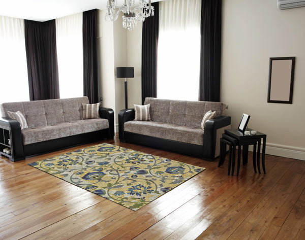 HomeRoots 10' Floral Power Loom Area Rug in Gold and Green – Elegant, Stain-Resistant Design for Any Room Ivory 565654
