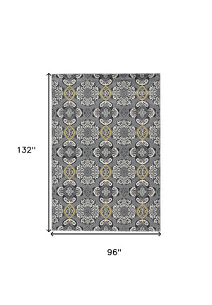 Homeroots 8' X 11' Gray Ivory And Yellow Damask Power Loom Area Rug Ivory Polypropylene 565657