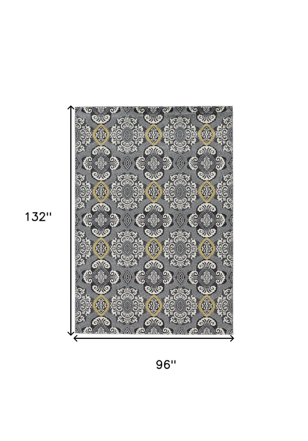 Homeroots 8' X 11' Gray Ivory And Yellow Damask Power Loom Area Rug Ivory Polypropylene 565657