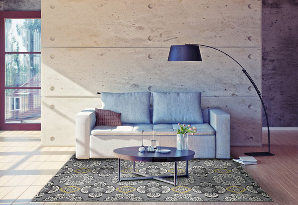 Homeroots 8' X 11' Gray Ivory And Yellow Damask Power Loom Area Rug Ivory Polypropylene 565657