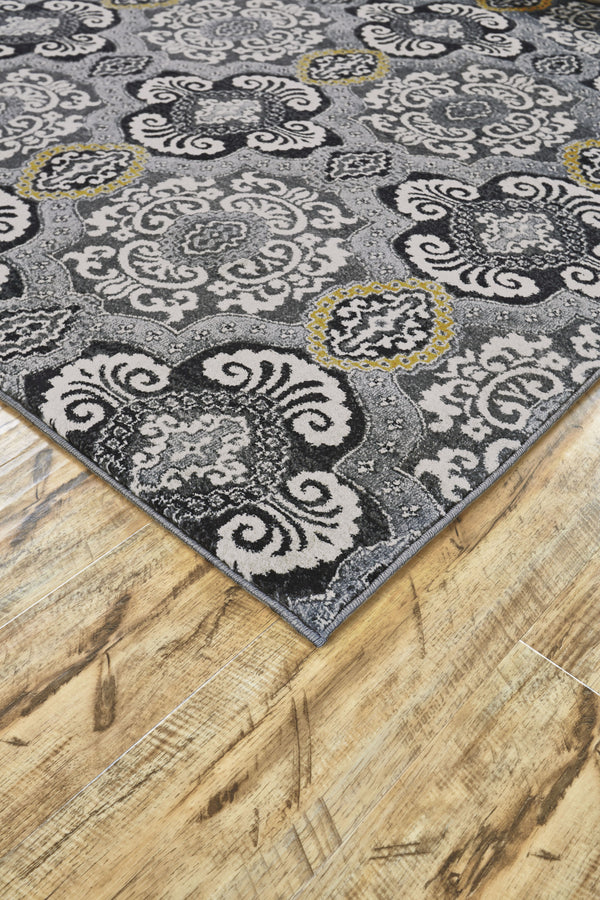 Homeroots 8' X 11' Gray Ivory And Yellow Damask Power Loom Area Rug Ivory Polypropylene 565657