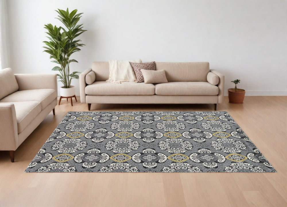 HomeRoots 10' Gray Ivory Yellow Damask Area Rug - Elegant Power Loomed Design for Stylish, Durable Spaces 10' X 13' 565658