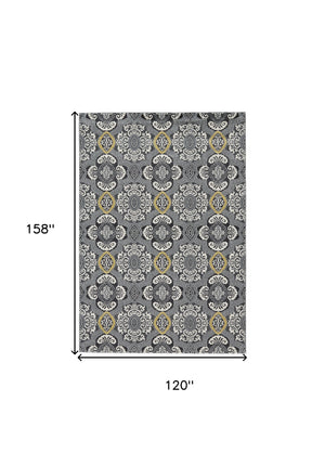 Homeroots 10' X 13' Gray Ivory And Yellow Damask Power Loom Area Rug Ivory Polypropylene 565658