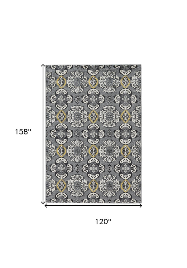 Homeroots 10' X 13' Gray Ivory And Yellow Damask Power Loom Area Rug Ivory Polypropylene 565658