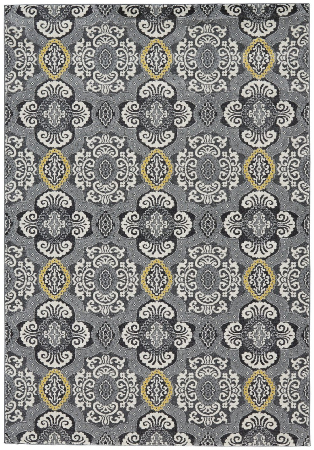 HomeRoots 10' Gray Ivory Yellow Damask Area Rug - Elegant Power Loomed Design for Stylish, Durable Spaces 10' X 13' 565658