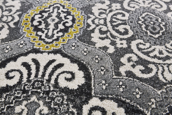 Homeroots 10' X 13' Gray Ivory And Yellow Damask Power Loom Area Rug Ivory Polypropylene 565658