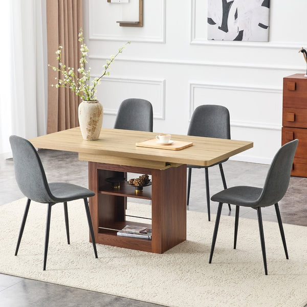 English Elm Expandable Walnut Dining Set with Four Linen Chairs Seats Six in Modern Style Black,Dark Gray,Walnut,Wood W1151S04672