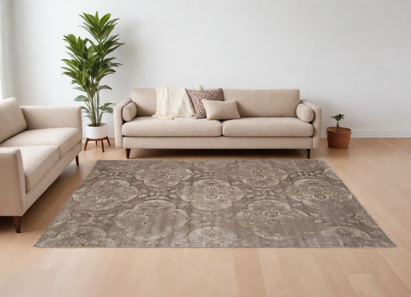 Homeroots 7' X 10' Brown And Ivory Ikat Power Loom Area Rug Taupe Viscose 565669