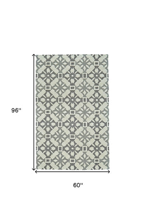 HomeRoots 5' X 8' Hand-Tufted Wool Area Rug with Modern Ivory Geometric Design for Comfort and Durability Gray 565677