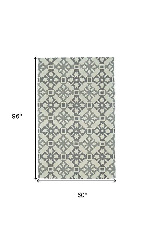 HomeRoots 5' X 8' Hand-Tufted Wool Area Rug with Modern Ivory Geometric Design for Comfort and Durability Gray 565677