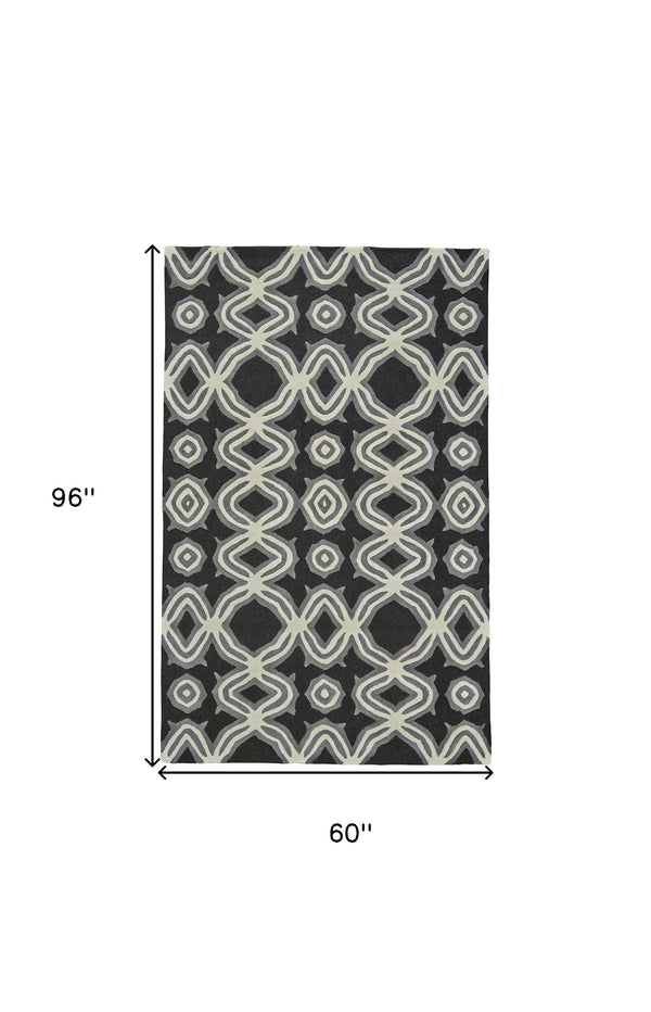 Homeroots 5' X 8' Black Gray And Ivory Wool Abstract Hand Tufted Area Rug Black Wool 565678