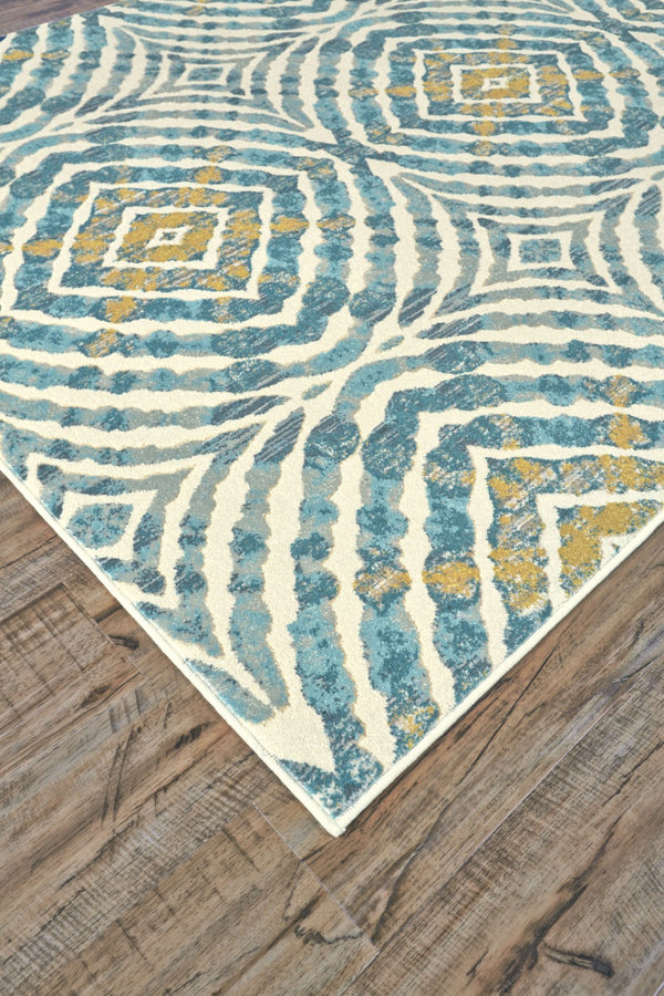 HomeRoots 10' Blue Ivory and Yellow Abstract Power Loom Area Rug - Stylish, Stain-Resistant, Easy Care Design 10' X 14' 565685