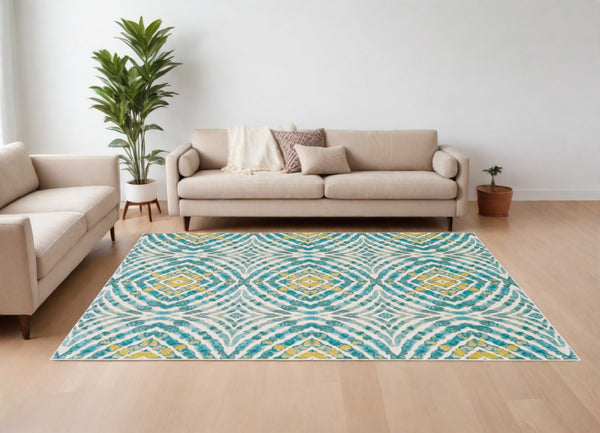 HomeRoots 10' Blue Ivory and Yellow Abstract Power Loom Area Rug - Stylish, Stain-Resistant, Easy Care Design 10' X 14' 565685