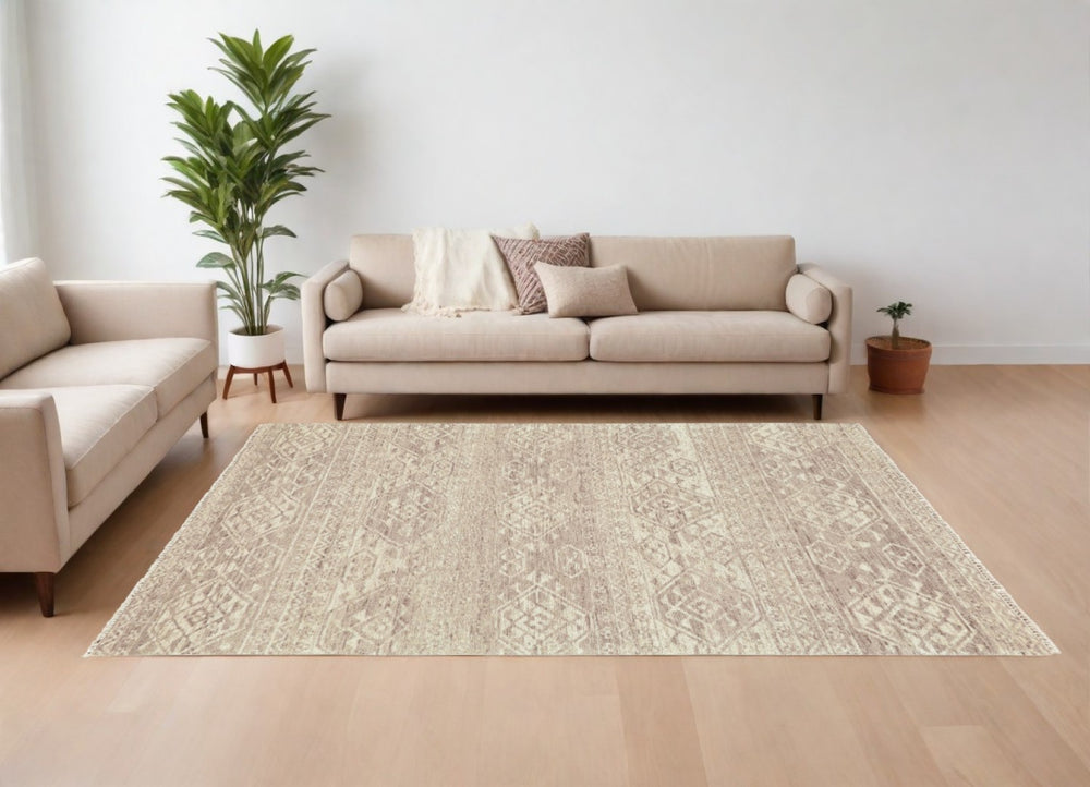 HomeRoots 6' Hand-Knotted Wool Southwestern Area Rug – Earthy Brown & Tan Geometric Design for Any Room 6' X 9' 565696