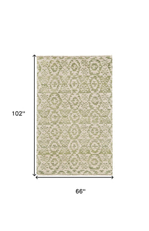 HomeRoots 6' Hand-Knotted Wool Southwestern Area Rug in Green and Ivory - Durable, Stylish, Family-Friendly Decor 6' X 9' 565698
