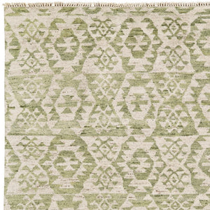 HomeRoots 6' Hand-Knotted Wool Southwestern Area Rug in Green and Ivory - Durable, Stylish, Family-Friendly Decor 6' X 9' 565698