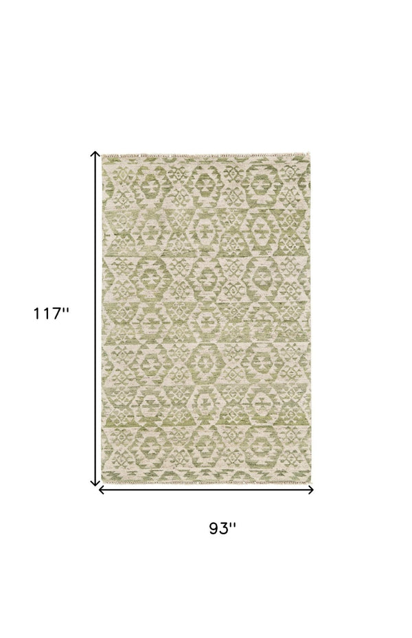 HomeRoots 6' Hand-Knotted Wool Southwestern Area Rug in Green and Ivory - Durable, Stylish, Family-Friendly Decor 8' X 10' 565699