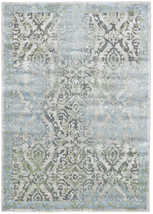 Homeroots 7' X 10' Blue Gray And Green Floral Power Loom Worn Faded Area Rug Blue Polypropylene 565703
