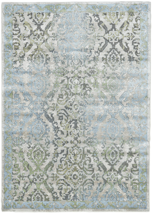 Homeroots 7' X 10' Blue Gray And Green Floral Power Loom Worn Faded Area Rug Blue Polypropylene 565703