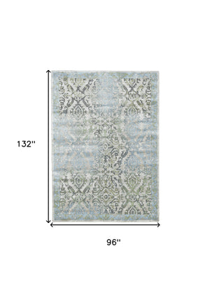 Homeroots 8' X 11' Blue Gray And Green Floral Power Loom Worn Faded Area Rug Blue Polypropylene 565704