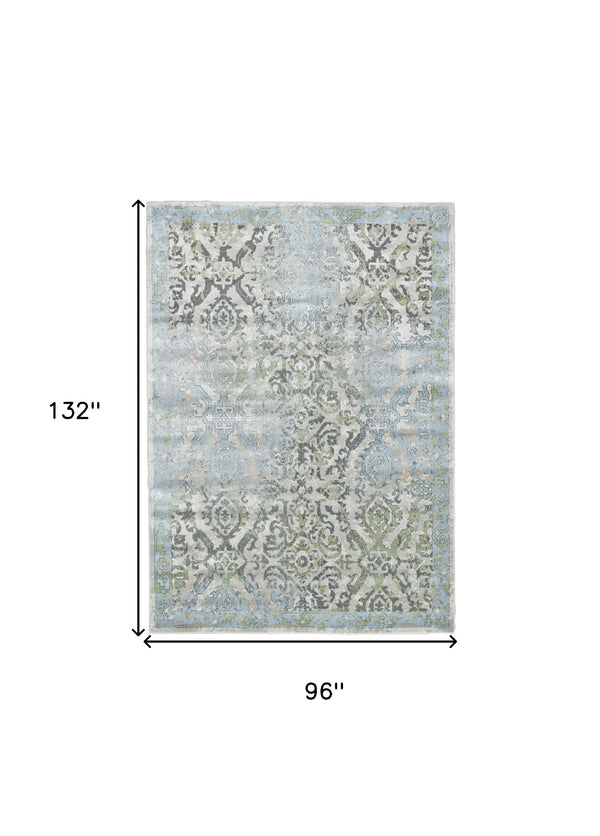 Homeroots 8' X 11' Blue Gray And Green Floral Power Loom Worn Faded Area Rug Blue Polypropylene 565704