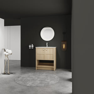 English Elm 30" Freestanding Bathroom Vanity with Ceramic Sink, Oak Plywood Finish, Soft-Closing Doors, Open Shelf W1972S00024