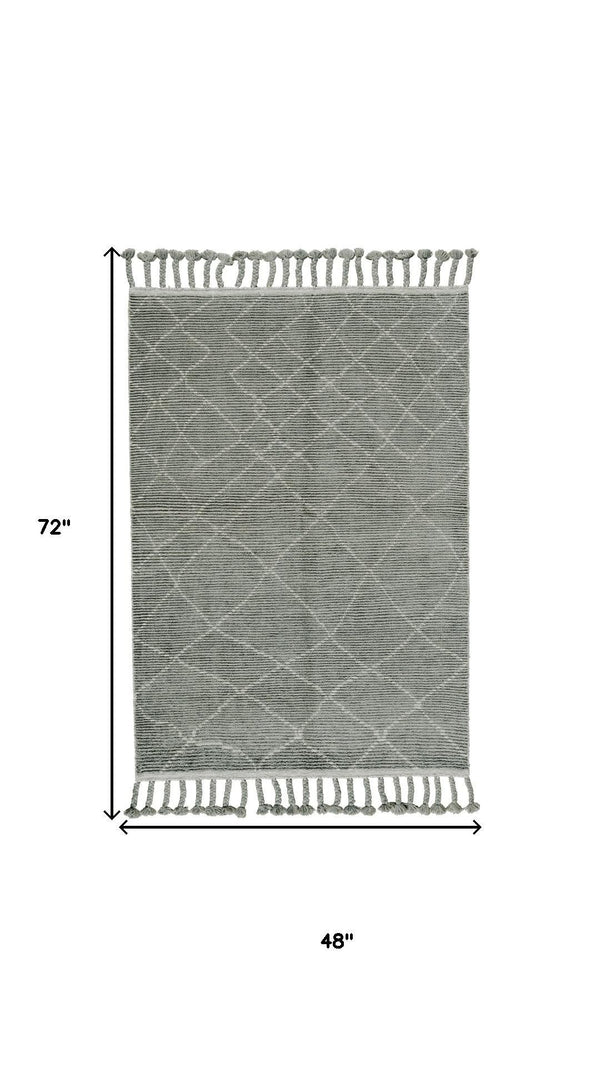 HomeRoots 4' Green Hand-Knotted Wool Area Rug with Geometric Pattern – Soft, Stain-Resistant Comfort for Homes 565755