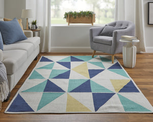 HomeRoots 5' Modern Blue, Ivory, and Yellow Geometric Area Rug – Stylish, Durable Design for Any Space 5' X 8' 565783