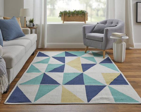 HomeRoots 5' Modern Blue, Ivory, and Yellow Geometric Area Rug – Stylish, Durable Design for Any Space 5' X 8' 565783