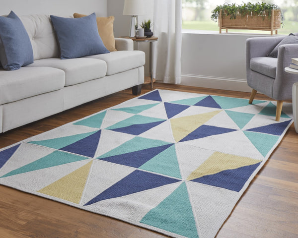 HomeRoots 5' Modern Blue, Ivory, and Yellow Geometric Area Rug – Stylish, Durable Design for Any Space 5' X 8' 565783