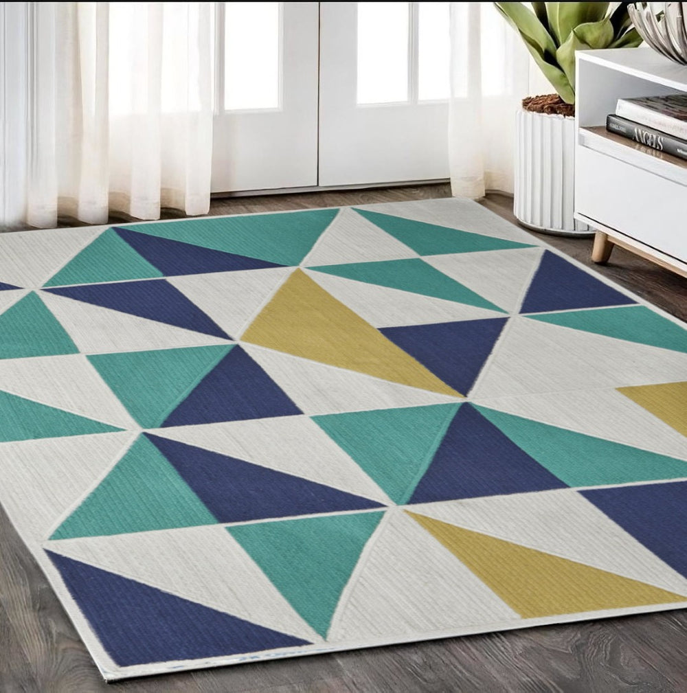 HomeRoots 5' Modern Blue, Ivory, and Yellow Geometric Area Rug – Stylish, Durable Design for Any Space 5' X 8' 565783