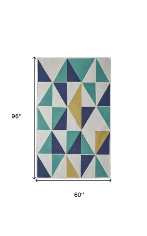 HomeRoots 5' Modern Blue, Ivory, and Yellow Geometric Area Rug – Stylish, Durable Design for Any Space 5' X 8' 565783