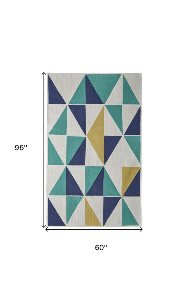 HomeRoots 5' Modern Blue, Ivory, and Yellow Geometric Area Rug – Stylish, Durable Design for Any Space 5' X 8' 565783