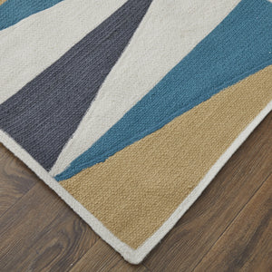 Homeroots 5' X 8' Blue Ivory And Gold Geometric Power Loom Area Rug Blue Polyester 565785