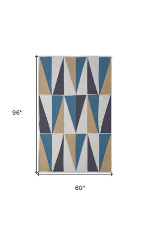 Homeroots 5' X 8' Blue Ivory And Gold Geometric Power Loom Area Rug Blue Polyester 565785