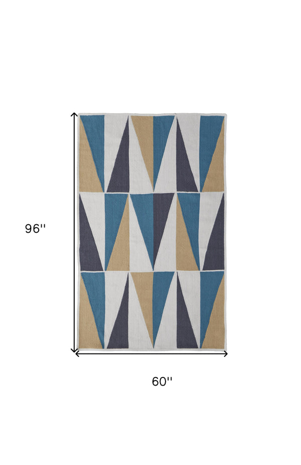 Homeroots 5' X 8' Blue Ivory And Gold Geometric Power Loom Area Rug Blue Polyester 565785