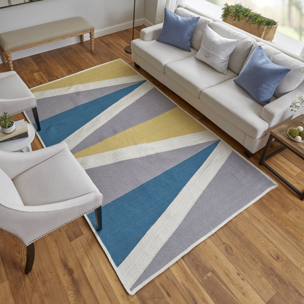 HomeRoots 5' Blue Gray and Yellow Geometric Area Rug – Modern Power Loom Design for Stylish Home Decor 5' X 8' 565786