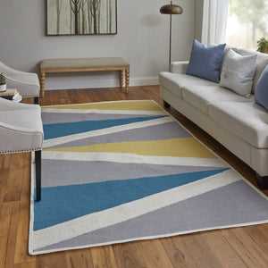 HomeRoots 5' Blue Gray and Yellow Geometric Area Rug – Modern Power Loom Design for Stylish Home Decor 5' X 8' 565786