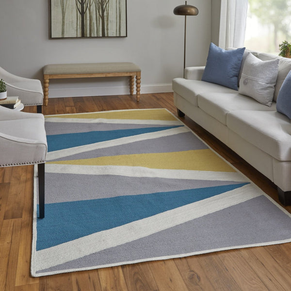 HomeRoots 5' Blue Gray and Yellow Geometric Area Rug – Modern Power Loom Design for Stylish Home Decor 5' X 8' 565786