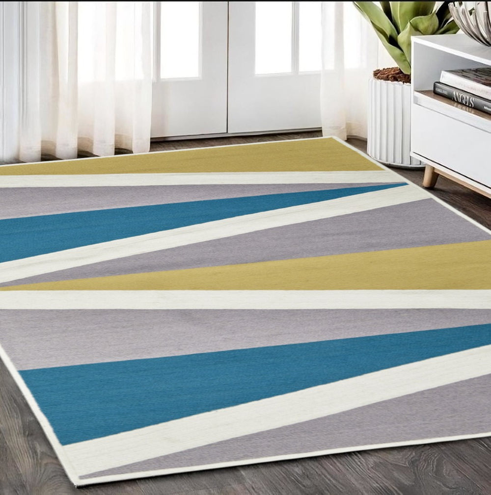 HomeRoots 5' Blue Gray and Yellow Geometric Area Rug – Modern Power Loom Design for Stylish Home Decor 5' X 8' 565786