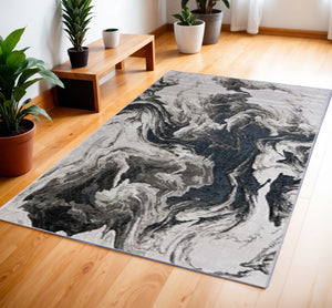 HomeRoots 4' Modern Abstract Area Rug in Ivory, Black & Taupe – Durable, Soft, Stain-Resistant for High-Traffic Areas 4' X 6' 565793
