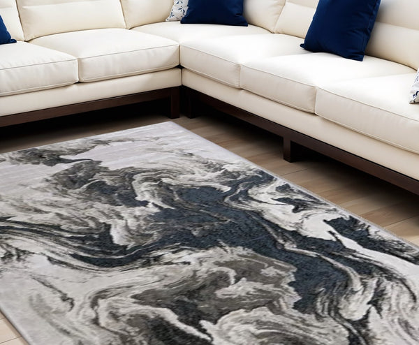 HomeRoots 4' Modern Abstract Area Rug in Ivory, Black & Taupe – Durable, Soft, Stain-Resistant for High-Traffic Areas 8' X 10' 565795