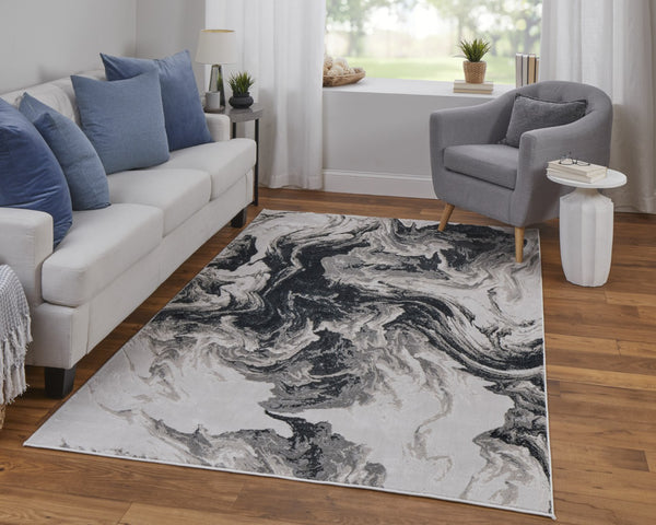 HomeRoots 4' Modern Abstract Area Rug in Ivory, Black & Taupe – Durable, Soft, Stain-Resistant for High-Traffic Areas 7' X 10' 565796