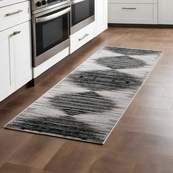 Homeroots 8' Black And Silver Geometric Power Loom Runner Rug Black Polyester 565820