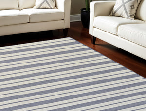 Homeroots 10' X 14' Ivory And Blue Striped Hand Woven Area Rug White Synthetic 565847