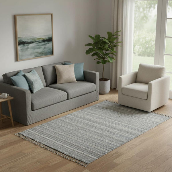 HomeRoots 5' X 8' Gray Wool Striped Area Rug - Hand-Woven, Stain-Resistant, Timeless Design for Any Space 565852