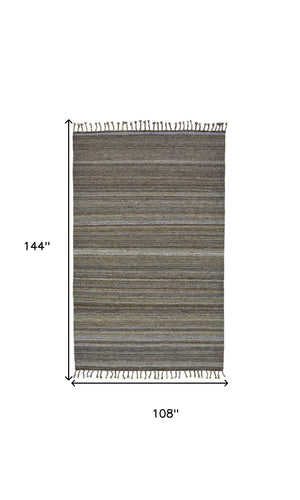 HomeRoots 9' X 12' Hand Woven Wool Striped Area Rug with Fringe – Timeless Design, Stain-Resistant & Durable Gray 565854
