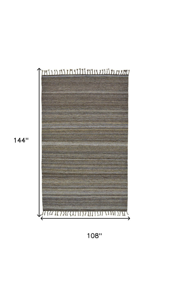 HomeRoots 9' X 12' Hand Woven Wool Striped Area Rug with Fringe – Timeless Design, Stain-Resistant & Durable Gray 565854