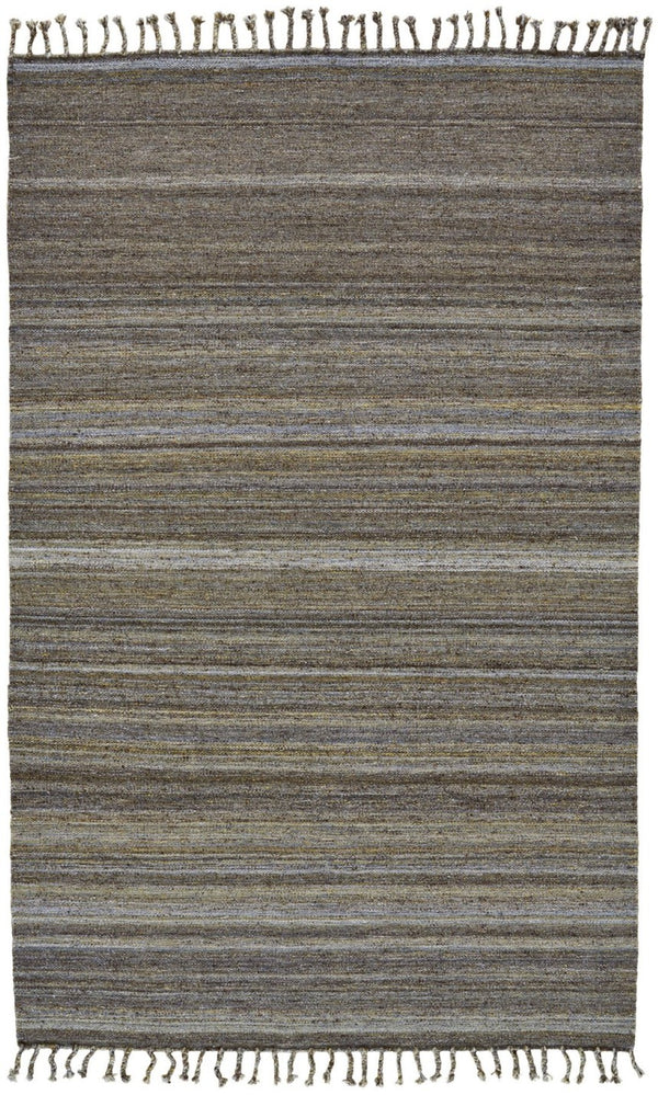 HomeRoots 9' X 12' Hand Woven Wool Striped Area Rug with Fringe – Timeless Design, Stain-Resistant & Durable Gray 565854